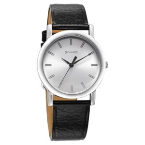 Sonata Classic Quartz Analog Silver Dial Black Leather Strap Watch for Men